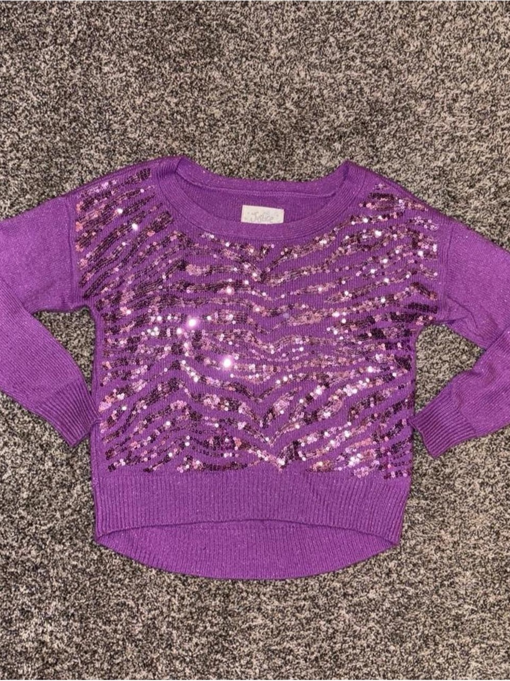 Y2K purple sweater with sequins and a zebra print design